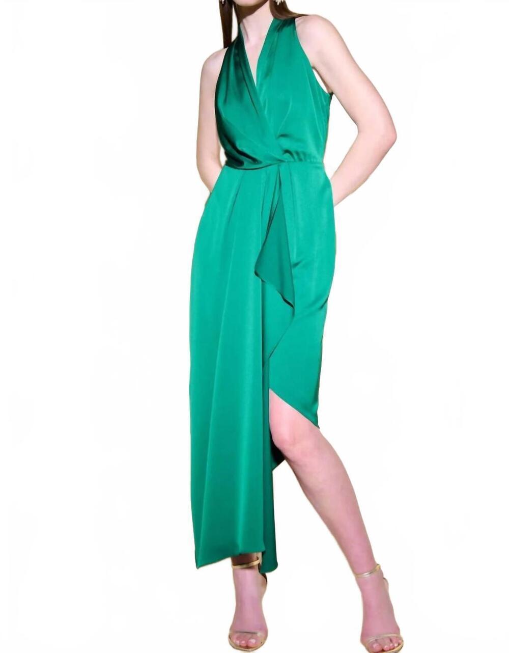 NEW JOSEPH RIBKOFF halter neck dress with cascade detail in emerald - Picture 3 of 4